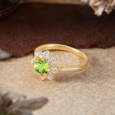 Round Cut Peridot Engagement Ring Green August Birthstone Flower Wedding Ring